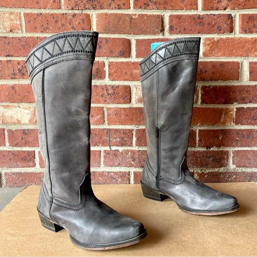 NWT Roper Gray Leather Tall Embroidered Boots Size 8.5 Knee Height Distressed